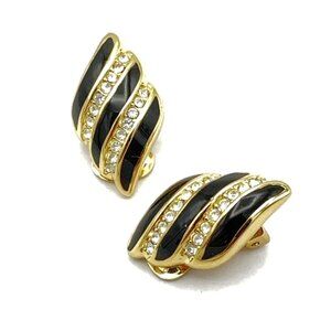 CHRISTIAN DIOR clip-on earrings - vtg gold-tone black enamel clear crystals